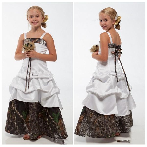 Tiras espaguetis Una línea Camo Vestidos para niñas de flores Árbol real Longitud del piso Camuflaje personalizado Niños Ropa de fiesta formal Satén Barato