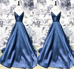 Spaghetti V-hals Navy avondjurken Prom Jurken Simple Satin Open Back Speciale Gelegenheid Jurk Vestidos de Fiesta Paolo Sebastian 2019