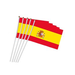 Spanje hand gehouden zwaaiende vlag voor buitengebruik buiten, 100D polyester stof, maak uw eigen vlaggen
