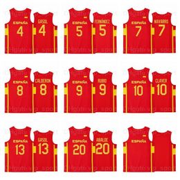 Spanje Teambasketbalshirt 2021 Nieuwste Tokyo 9 Ricky Rubio 13 Marc Gasol 10 Victor Claver 23 Sergio Llull 6 Sergio Rodriguez 4 Pau Gasol 5