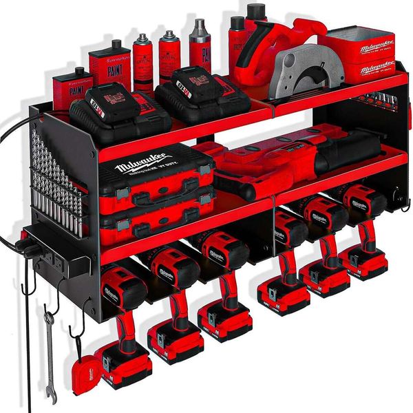 Estación de carga organizadora Spampur, soporte de pared para 6 taladros, estante de garaje premium de metal resistente, regalo para hombre, estante de almacenamiento de herramientas inalámbrico con 4 salidas