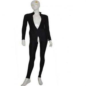 Spandex Lycra Unisex Sexy Zwarte Zentai Catsuit Second Skin Bodysuit met Rits aan de Voorkant en Kruis Zipper320L