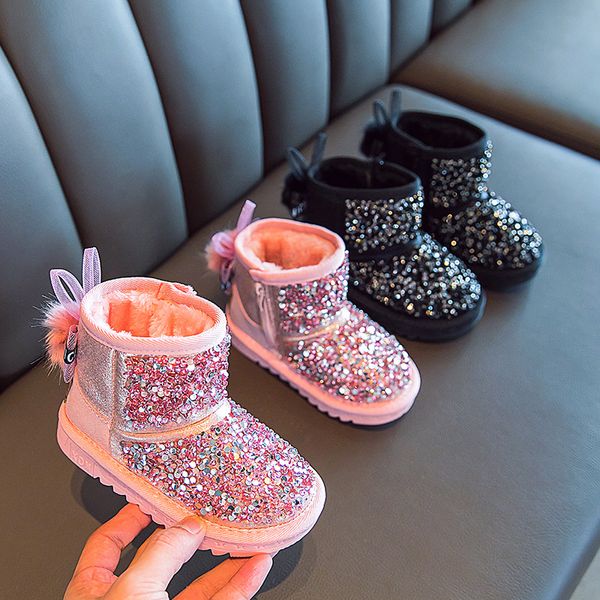 Botas de nieve Spangly para niños con lazo de encaje y bola de piel para niñas pequeñas, zapatos de algodón cálidos de invierno, suelas antideslizantes, interior suave para siesta