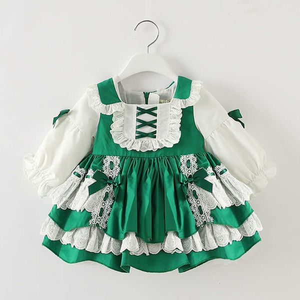 Vêtements de bébé espagnols Robe verte de Noël pour les filles en bas âge Baptême 1er anniversaire Frocks Fille Automne Manches longues Robes Lolita 210615