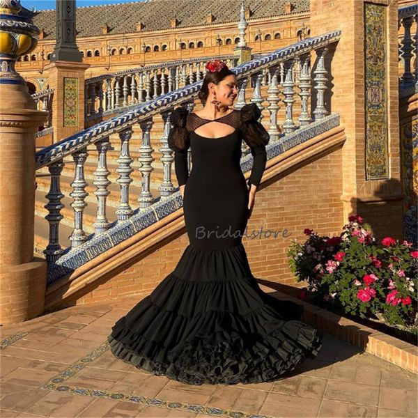 Espagnol Noir Flamenco Robe De Bal Avec Polka Dot Tulle Sexy Dos Nu À Manches Longues Danse Robe De Soirée Volants Costume Formelle 2023 Robe De Mariee Vestidos De Fiesta