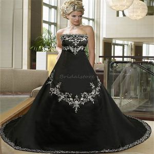 Robe De mariée gothique noire espagnole avec broderie, robes De mariée Vintage en Satin sans bretelles, grande taille, Corset, robes De Novia, église De jardin, Robe De mariée, 2023