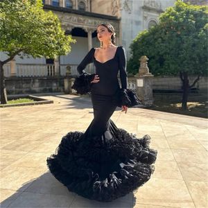 Traje de baile de graduación negro de Flamenco español, vestido de noche de manga larga de sirena para bailarina, vestidos de fiesta góticos para ceremonia nocturna