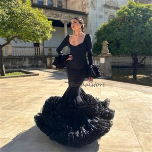 Espagnol Flamenco Noir Robe De Bal Costume Sirène À Manches Longues Robe De Soirée 2023 Pour Danseur Nuit Cérémonie Gothique Robes De Soirée Chic Robe De Mariee Vestidos De Fiesta