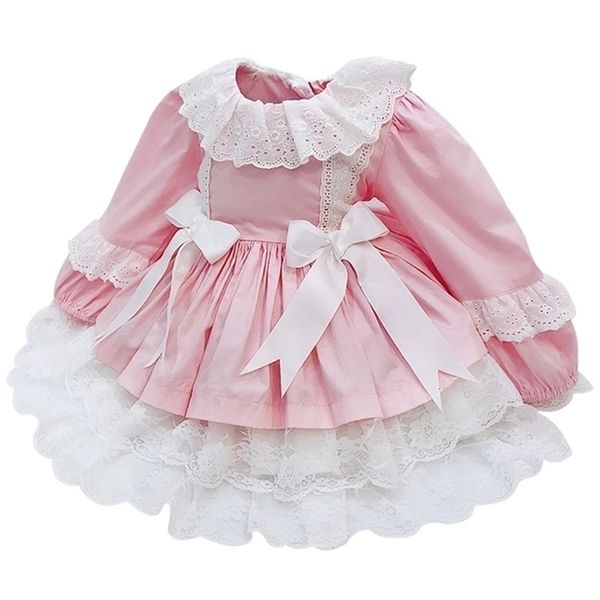 Espagnol Filles Boutique Robe Bébé Fête D'anniversaire Robes Enfants Dentelle Arc Robe Toddler Fille Princesse Lolita Robe Infantile Vêtements 210331