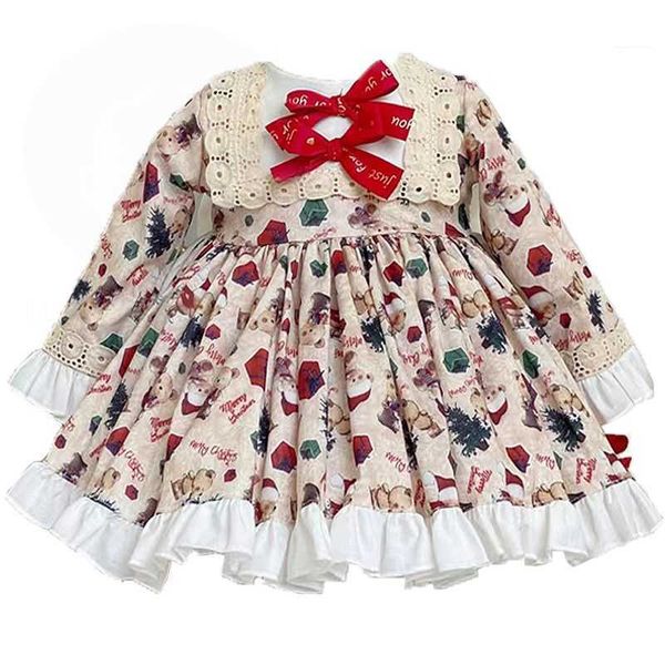 Vestido de niñas españolas de manga larga para niños Vintage Lolita princesa vestido de baile camada niños Turquía dibujos animados patrón Boutique vestidos 210615