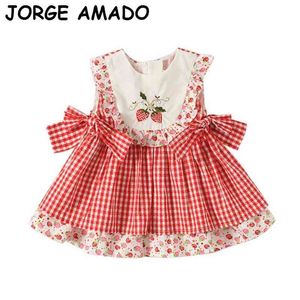 Spanischer Stil Kinder Kleider für Mädchen Stickerei Erdbeere Plaid Bogen Ärmellose Prinzessin Baby Kleidung E9127 210610