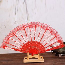 Spaanse stijl rose bloem ontwerp plastic frame kant zijde hand ventilator Chinese ambachtelijke vouwfans