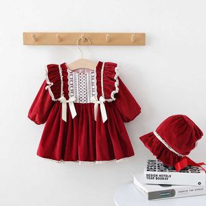 Espagnol enfant en bas âge filles volants robe automne manches longues velours vêtements avec chapeau Lolita bébé tenue ensemble 210529