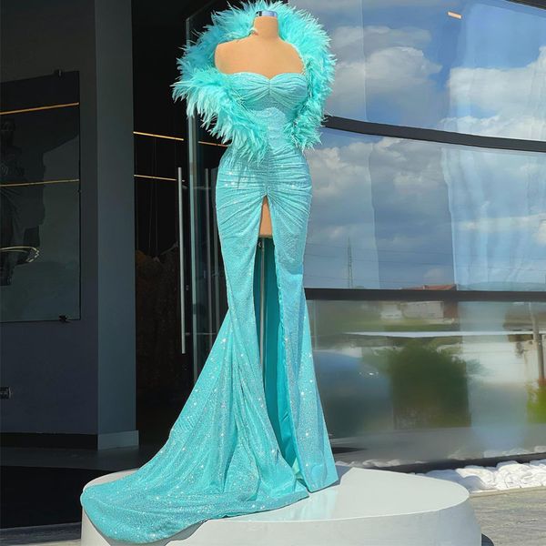 Vestidos de Noche chispeantes, vestidos de celebridades con abertura alta y plumas, vestido de desfile sin espalda de sirena fruncido 2023