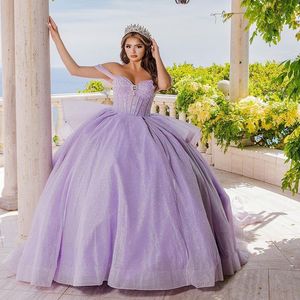 Sparking Glittler Lavande Quinceanera Robes De L'épaule Ball Junior Filles Robe De Bal Perle Volants Tiere Train Robes De 15 Anos 326 326