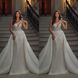Étincelle une épaule sirène robes de mariée Sexy paillettes dentelle robes de mariée train détachable Aso Ebi robe de mariée arabe