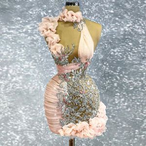 Étincelles rose courte robes de retour manches bouffantes épaule Mini longueur grande taille Aso Ebi femmes robes de soirée pour la fête