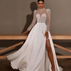 Sparking Thigh High Slits Beach Wedding Jurken Pargin Top Lange Mouw Bridal Troags A Line Boho Banquet Vestidos de Novia 415