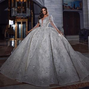 Sparkle Ball-jurk Vintage Trouwjurken Sheer Lange Mouwen Kant Lovertjes Robe de Mariage Custom Made Modern Vestido de Novia