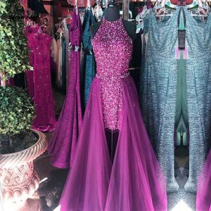 Sparkle kralen Dubai High Low Prom -jurken met ovderskirt Crystal Seuqined Long Prom -jurken Halter Abiye Vestido de festa longo