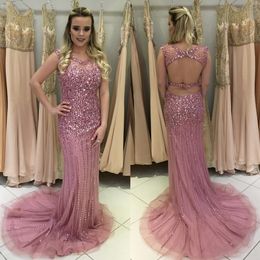 Sparkle Bling Lavendel Kristal Zeemeermin Avondjurken Ronde Hals Grote Kralen Cutaway Zijkanten Tule Rits Terug Pageant Jurken Galajurken