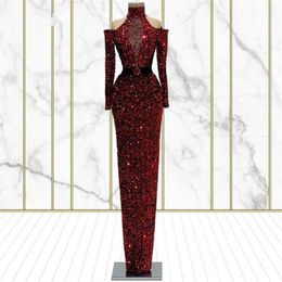 Sparkle Bourgondië Avondjurken Saoedi-Arabië Lange Prom-jurken Custom Made Crystals Party Night Wear 2021 Dubai Pailletten Pageant Jurk