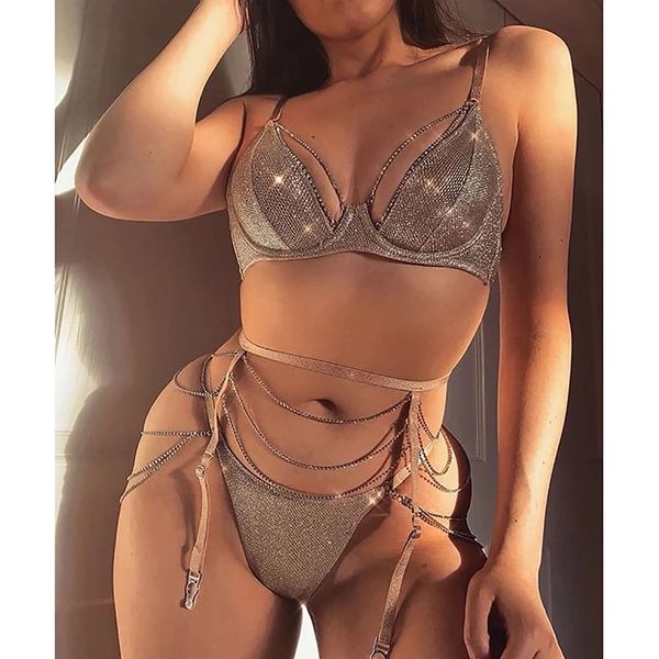 Chaîne scintillante soutien-gorge Push Up et culotte ensemble femmes strass intimes ensemble de Lingerie sous-vêtements Bralette Sexy ensembles brefs