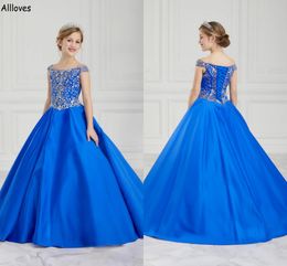 Sparkle Crystals Blue Satin Little Girl's Pageant Dresses Off Shoulder Toddler Kid Princess Vestidos de fiesta de primera comunión Sweep Train Wedding Flower Girl Dress CL2395