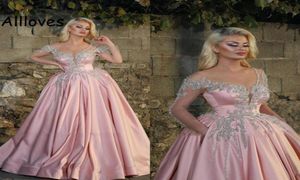 Glinsterende Kristallen Lovertjes Avondjurken Elegant Roze Satijn Pure Hals Lange Mouwen Ruches A-lijn Galajurken Midden-Oosten Dubai Sa8205624