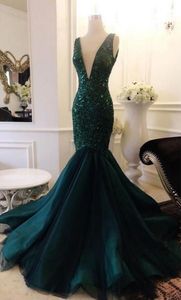 Étincelle Vert Foncé Dentelle Pailletée Sirène Robes De Bal 2018 Col En V Profond Dos Nu Sexy Longues Robes De Bal Robe De Soirée Robe De Soirée