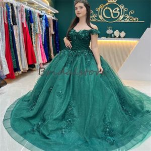 Sparkle Emerald Green Quinceanera Dresses Una línea Florales 3D Vestido de fiesta de flores Corset elegante Vestidos De Xv Anos Fiesta de cumpleaños vestidos para 15 quinceanera