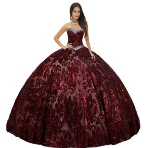 Fonkeling full metallic sequin lace wijn rode quinceanera jurken baljurk V-vormige taille kristallen lijfje voor meisjes 15e verjaardag