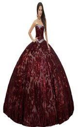 Étincelle entièrement métallique paillettes dentelle vin rouge Quinceanera robes robe de bal en forme de taille cristaux corsage pour les filles 15e anniversaireda8133126