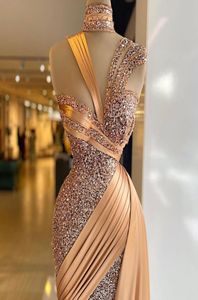 Robes de soirée sirène dorées scintillantes avec jupe plissée à paillettes robes de bal courtes col haut dames sexy robe de novia4467117