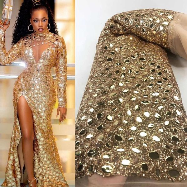 Vestido de fiesta de sirena con lentejuelas doradas brillantes para niñas negras Vestidos de noche de cristal de manga larga Aso Ebi de lujo 2023 Vestido formal africano Nigeria de talla grande