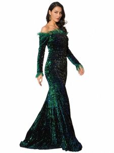 Sparkle Green Feathers Parreny Maxi Cocktail Dr Mermaid Off the Shoulder LG Sleeve Stretch Wedding Party Jurk Dres 2024 C2FA#