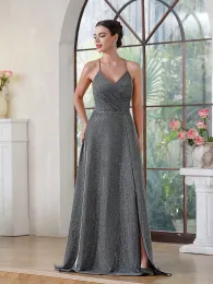 Sparkle Gray Mermaid Bridesmeisje jurken Elegante mouwloze plooien Voorkant Split Maid of Honor Togezins Satin Evening Prom -jurk BM3218 5