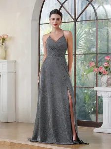 Sparkle Gray Mermaid Bridesmeisje jurken Elegante mouwloze plooien Voorkant Split Maid of Honor Toga's Satin Evening prom jurk BM3218
