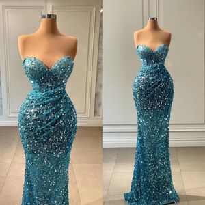Sparkle Lake Blue Mermaid Prom jurken Sweetheart lovertjes feestjurken vloer lengte op maat gemaakte avondjurk