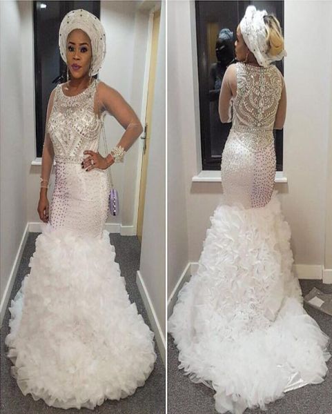 Vestidos de noche de sirena de Sparkle Mangas largas de cuello transparente Tulle Tulle Tulle Plus Tall Size Prom Vestidos Bling White Aso Ebi Evening GO3332120