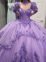 Robe de Quinceanera scintillante, manches longues détachables, tour de cou, paillettes mexicaines, tulle, coing doux, robe de fête d'anniversaire 15/16 pour 15e fille, drame d'hiver, bal de fin d'année, gala