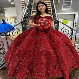 Glitter Rode Pailletten Quinceanera Jurken 2024 Elegant Schoudervrij Baljurk Sweet 16 Vestidos de XV anos 15 Jaar Verjaardag Jurk Halloween Kostuum Zestien Galajurk