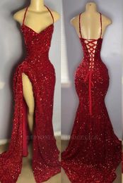 Sparkle Rode Lovertjes Prom Dresses Sexy Spaghettibandjes Hoge Dij Split Avondjurken Met Veters-Up Backless Vestidos BC18190