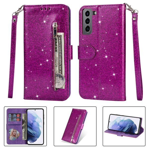 Sparkle Rope Flip Zipper Phone Cases pour Samsung Galaxy S22 Ultra S21 Plus S20 S21FE S20FE Note20 Note10 Pro A13 A33 5G A53 A73 A82 Shiny 3 Card Slots Wallet Chain Shell