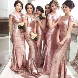 Sparkle Rose Pink Sequins 2018 Nouvelle sirène robes de demoiselle d'honneur de la sirène manches courtes de la fête de mariage long sans taille plus