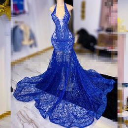 Robe De bal bleu Royal scintillante pour filles noires, Sexy, dos nu, col licou, grande taille, robes De soirée sirène, 2024