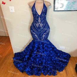 Sparkle Royal Blue Sequin Prom Dresses voor Black Girls Sexy Halter V-hals 3D Rose Floral Bottom African Mermaid Avondjurk Plus Size Backless Long Formal Jurken 2021