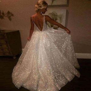 Sparkle Sequin White Avondjurken V-hals Sheer Riemen Illusie Bodice Backless Formal Jurken Herfst Dames Prom Jurken Baljurk