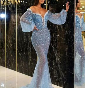 Sparkle lovertjes Mermaid avondjurken luxe zware parels kralen prom jurk abiti da cerimonia da sera formele lange mouwen8429970