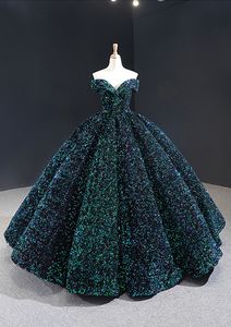 Sparkle -pailletten baljurk prom jurken vloer lengte donkergroene real beelden glitter Lang off -schouder formele avondjurken zoete 16 jurk